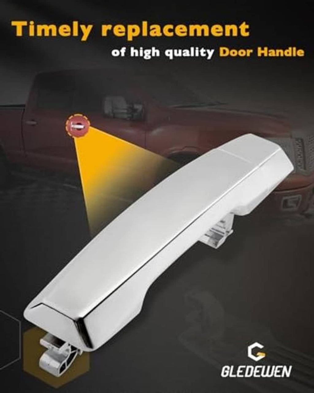 Chrome exterior door handle installed on front door, long lever shape