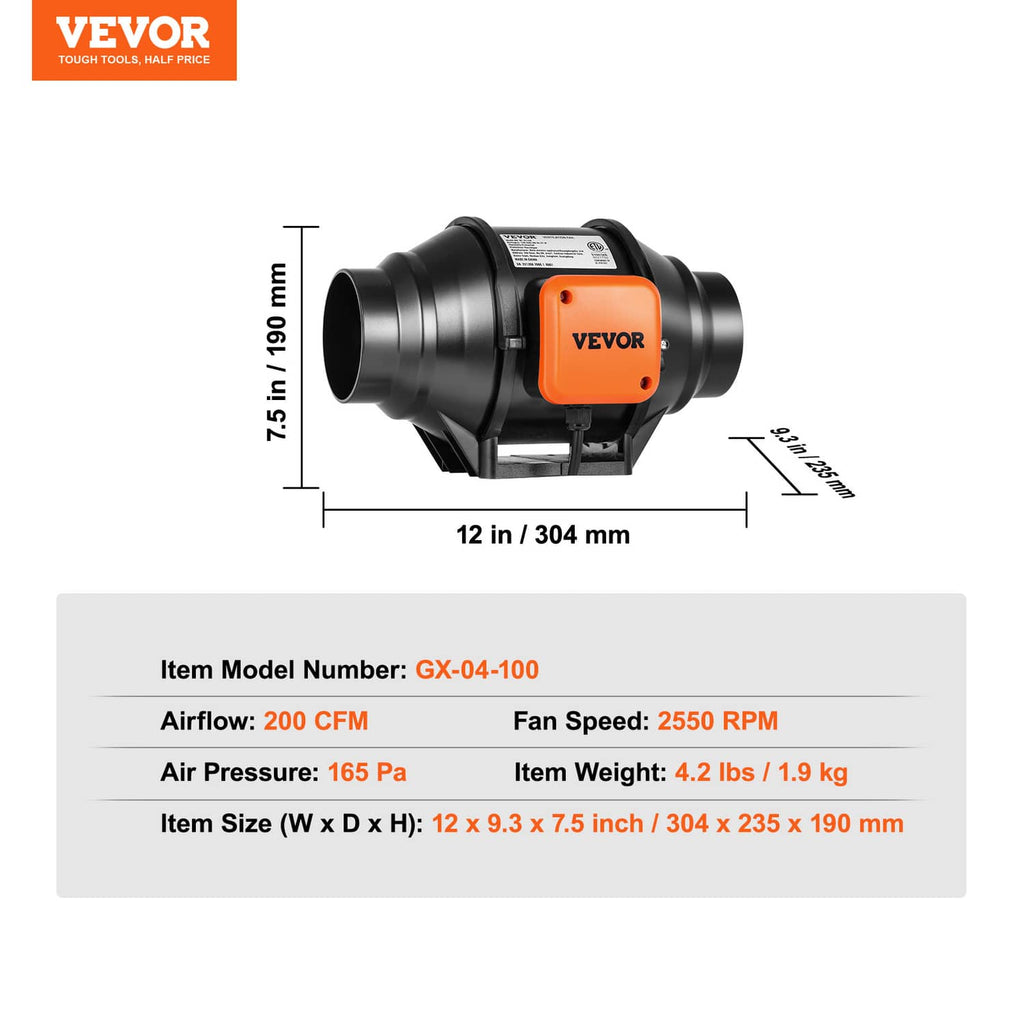 VEVOR inline duct fan size and airflow specification diagram