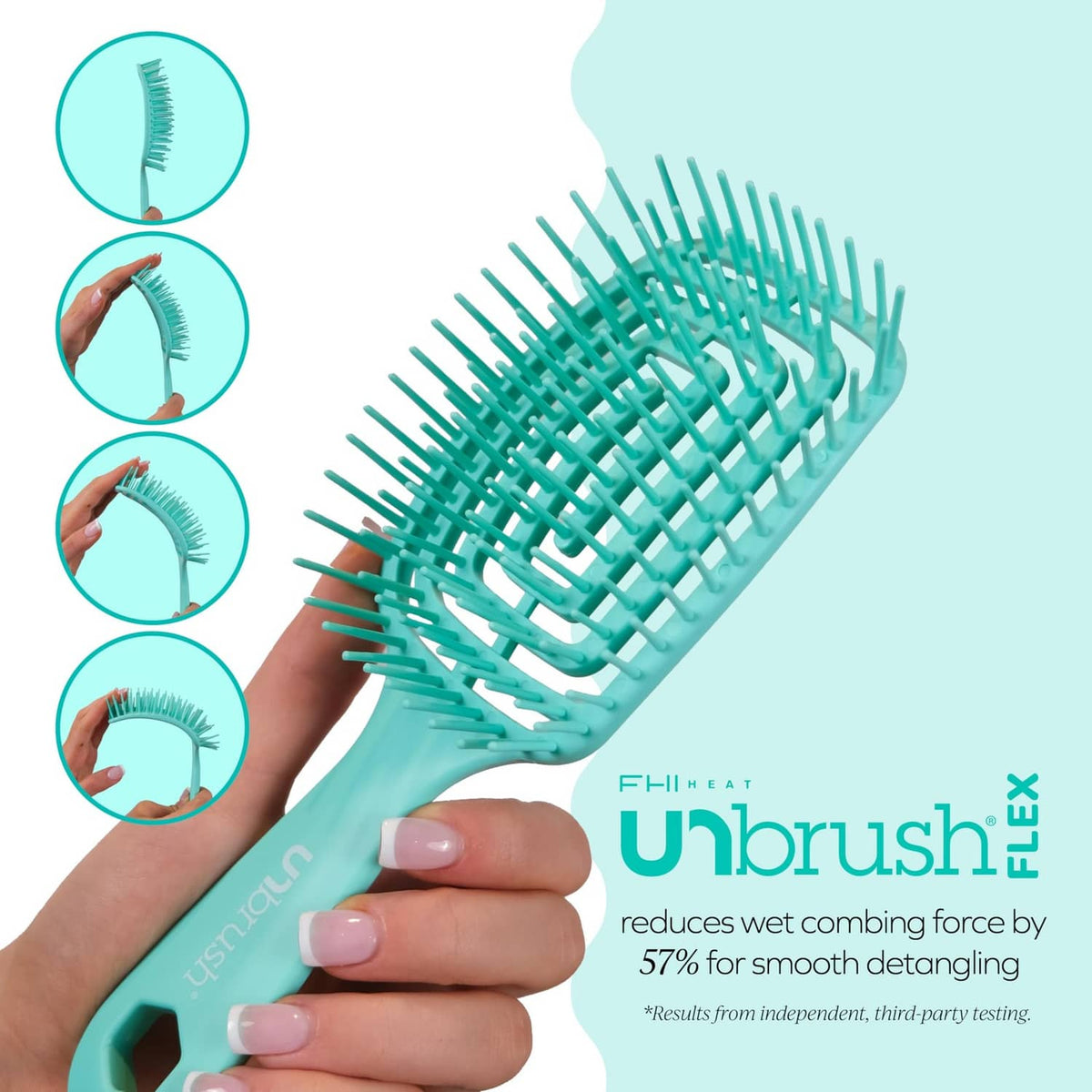 Teal detangling hairbrush held in hand, wide flex bristle head for wet hair