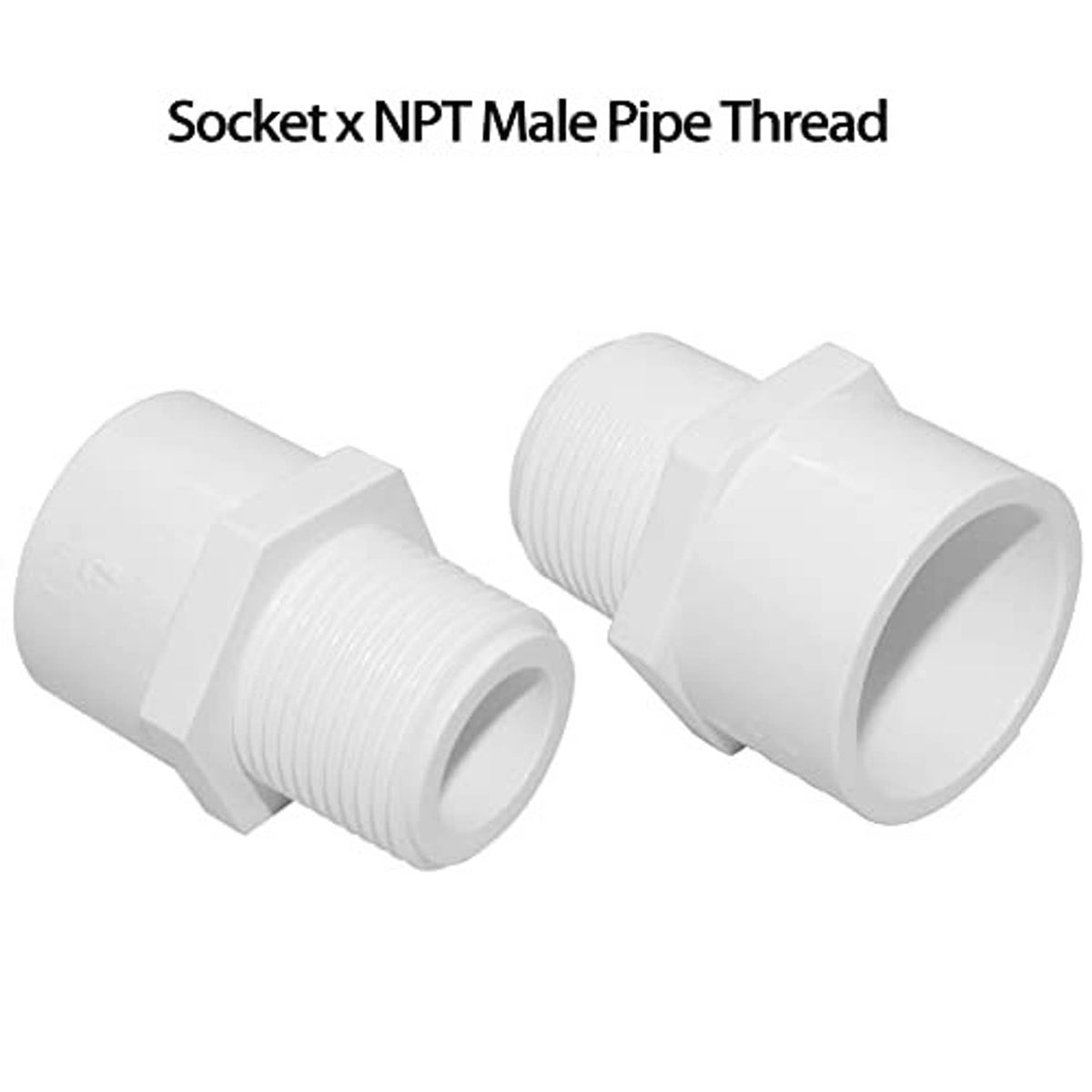 White PVC socket x NPT male pipe thread adapter, two connectors