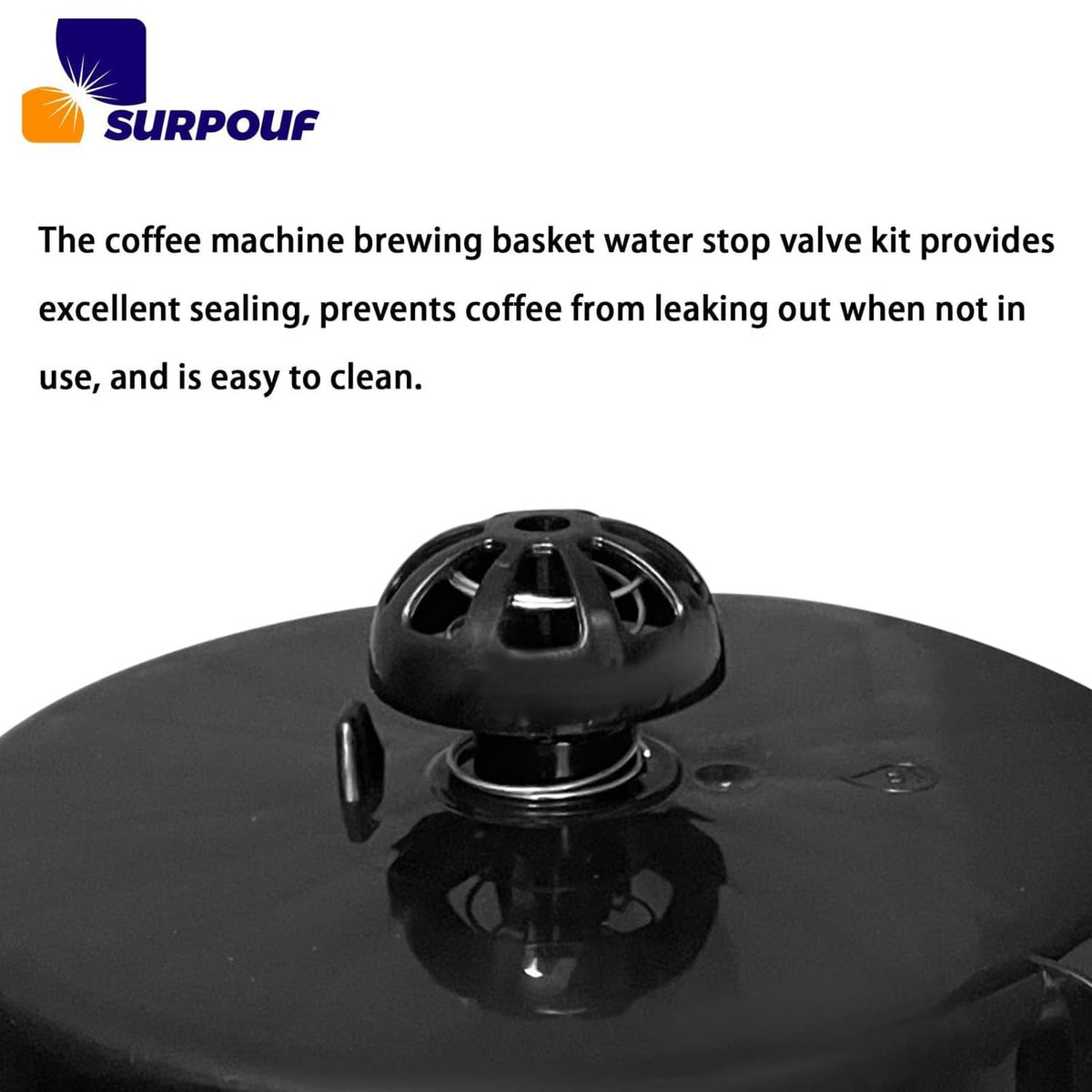 Black coffee brewing basket stop valve kit with stopper base and sealing disc