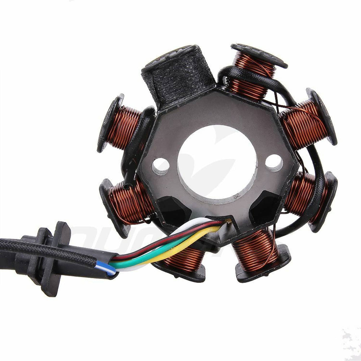 8-pole magneto stator close-up with copper coil windings and circular mounting plate