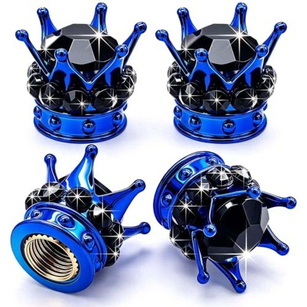 Set of four blue crown tire valve stem caps with black crystal crown detail, close-up