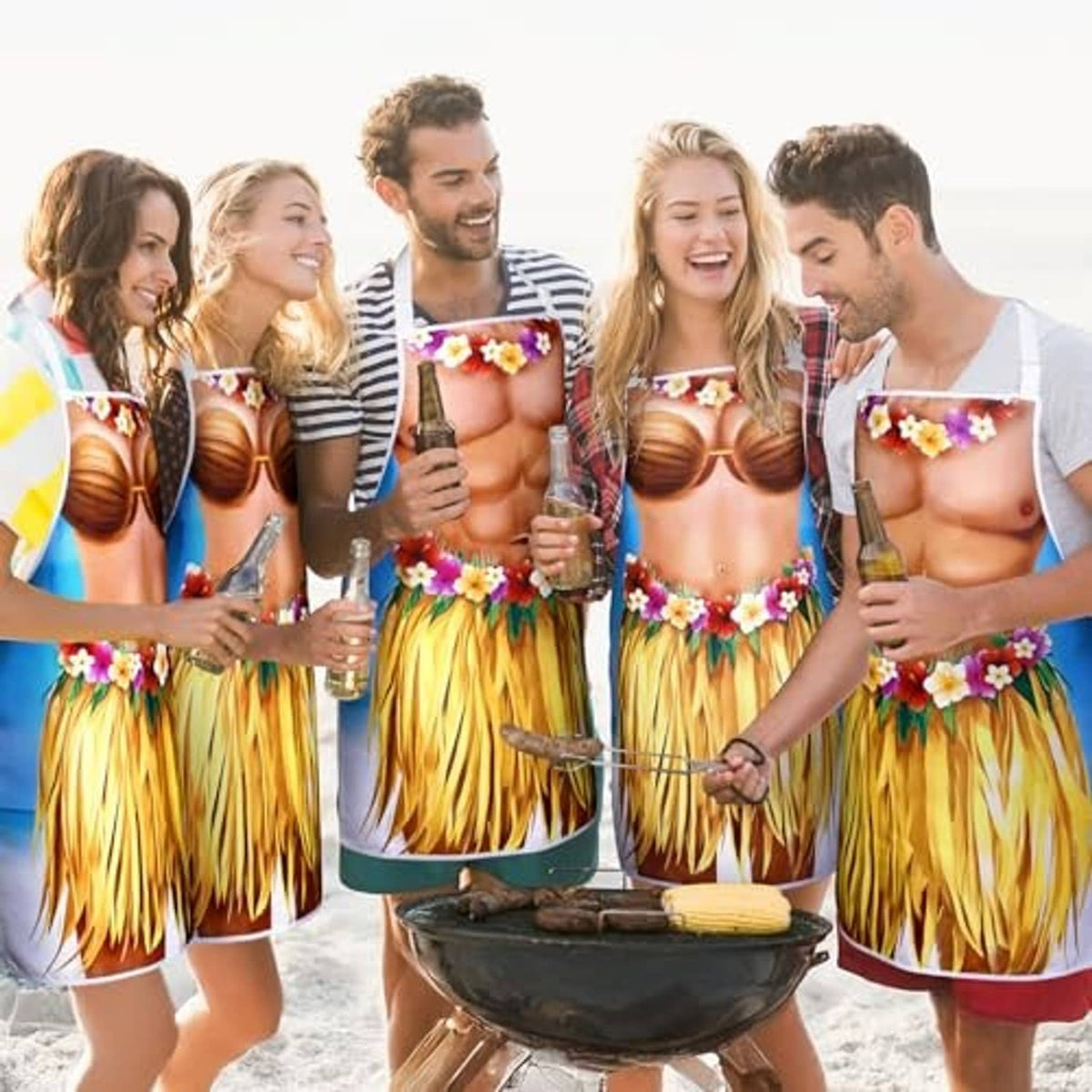 Hawaiian novelty aprons on group of friends: blue chest print, flower garland, yellow fringe
