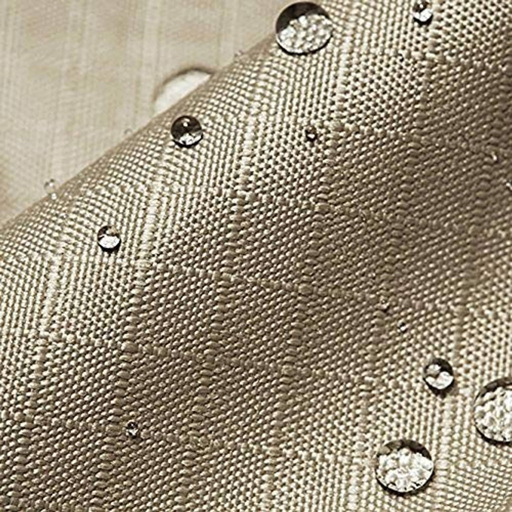 Close-up of tan woven canopy fabric with stitched seams and metal fasteners