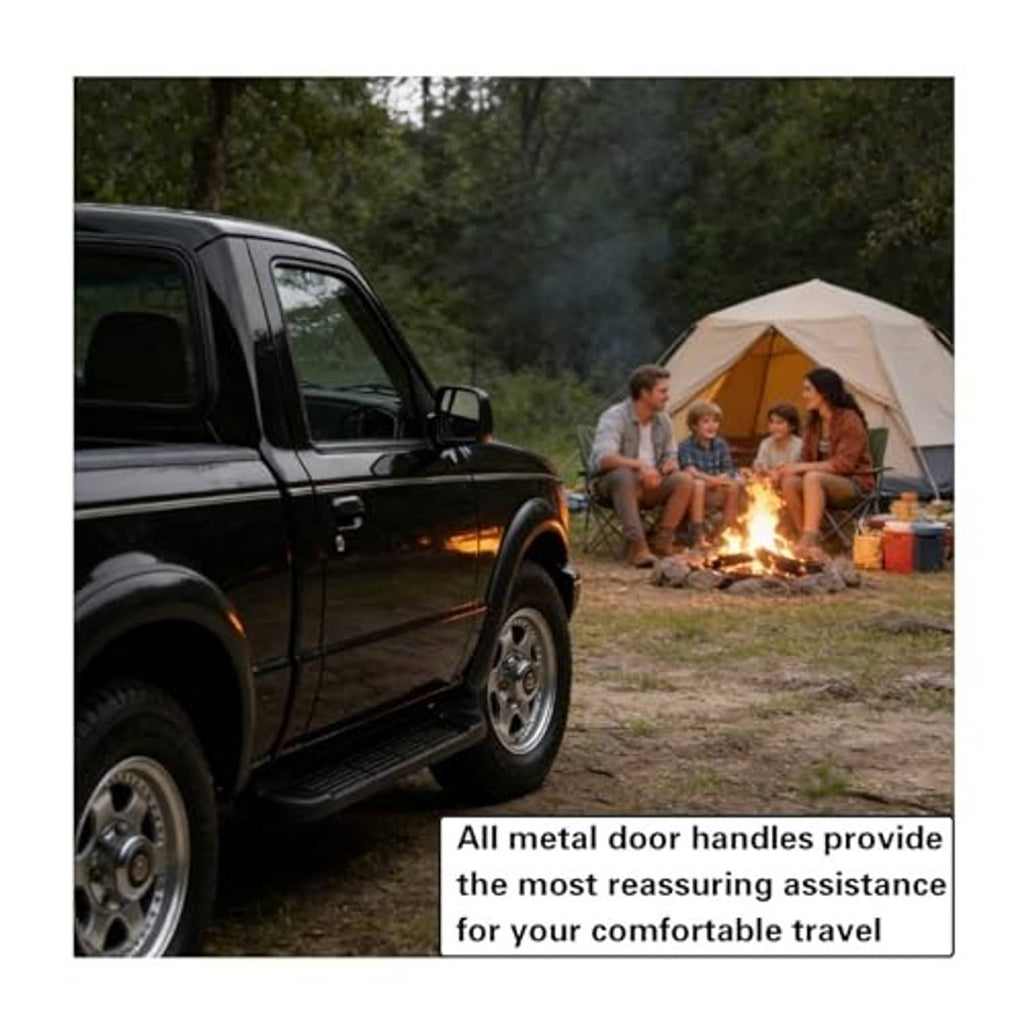 All-metal exterior door handle on a dark pickup door, glossy black finish