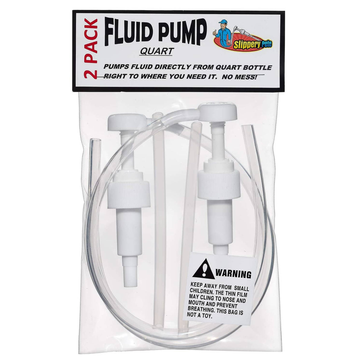 Slippery Pete quart fluid pump kit in clear package with white tubing