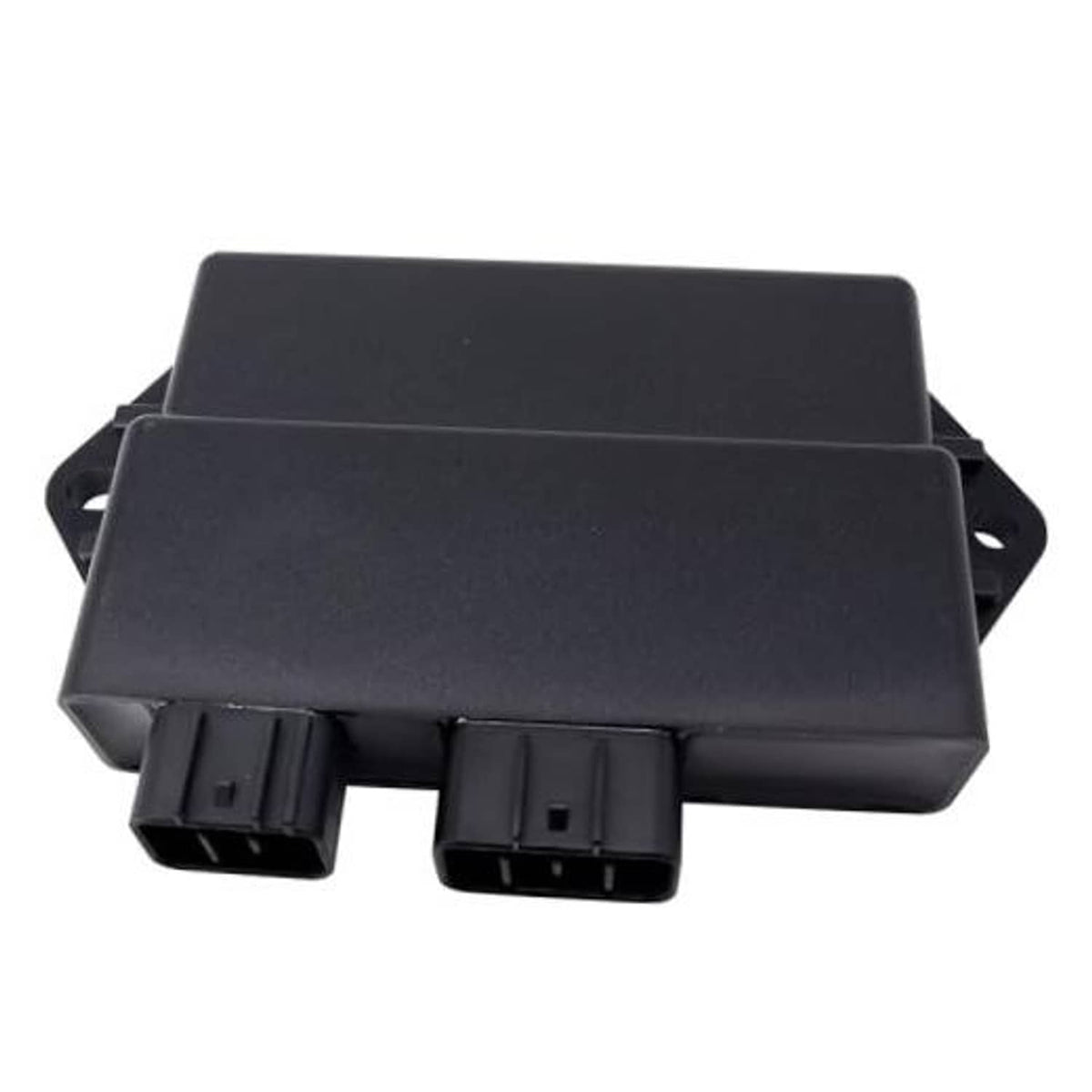 Black CDI module box with front edge and two multi-pin electrical connectors