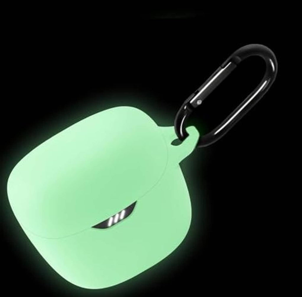 Luminous green silicone earbud case with metal carabiner loop