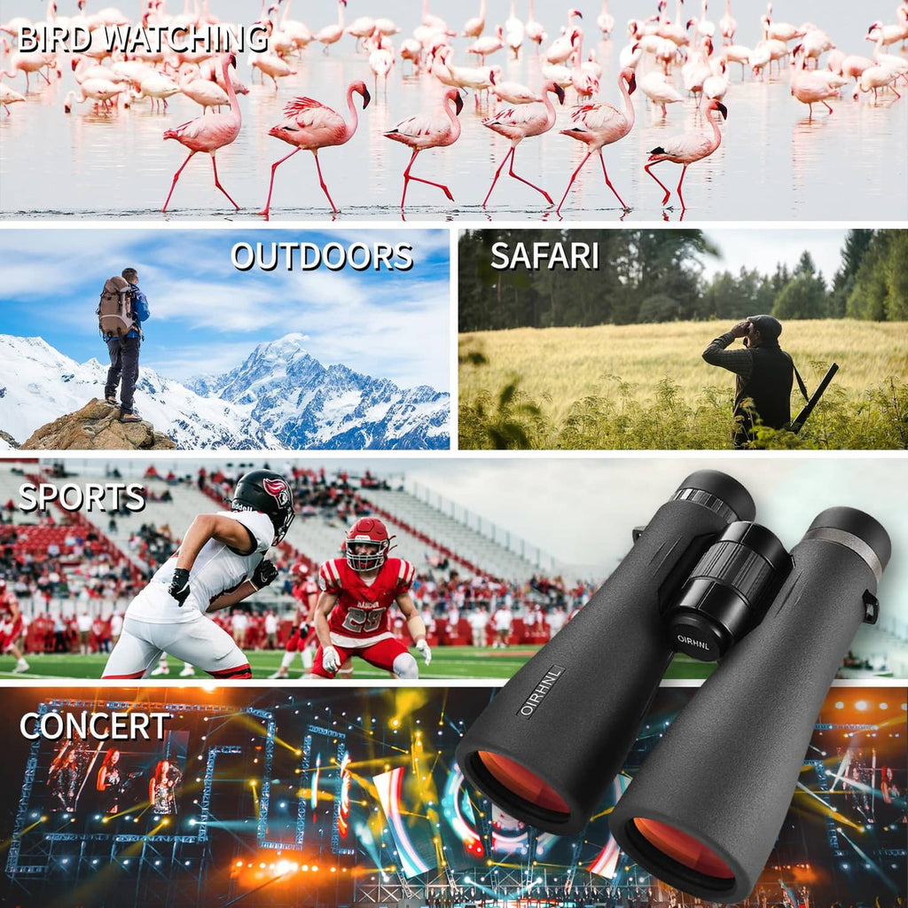 Black rubber-armored binoculars with wide eyepieces for outdoor bird watching