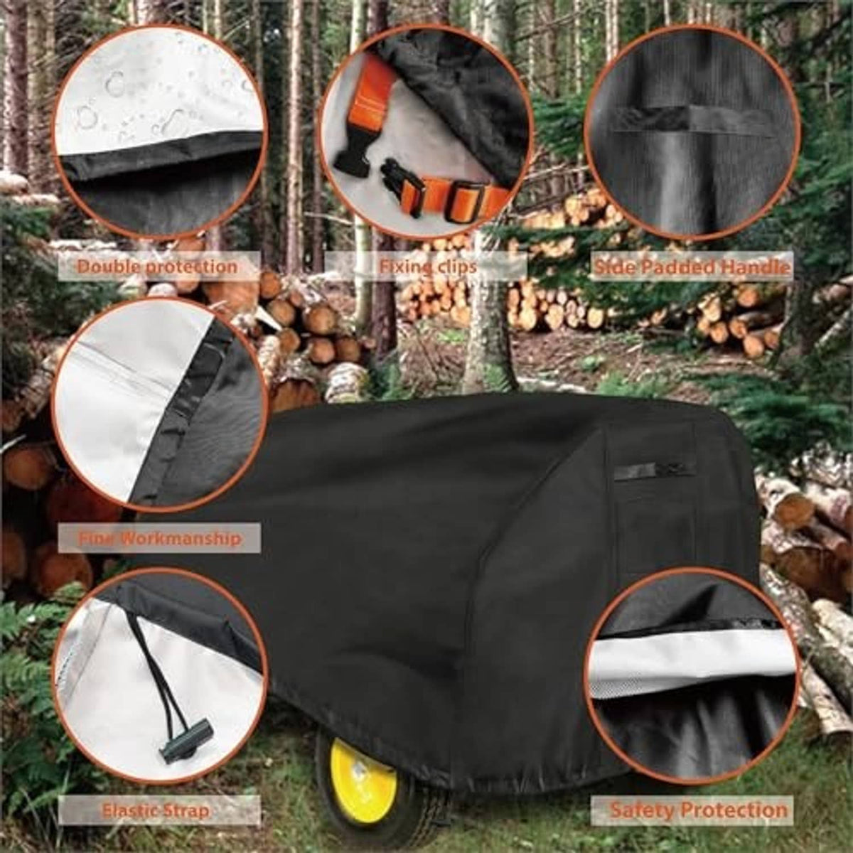 Black log splitter cover showing elastic straps and reinforced handle area.