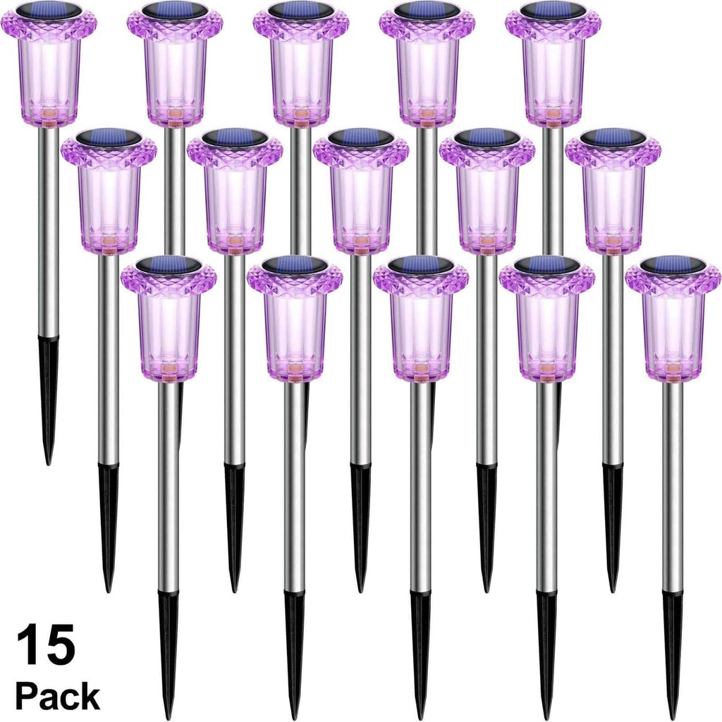 15-pack solar LED stake lights with clear purple lantern heads and black spike bases