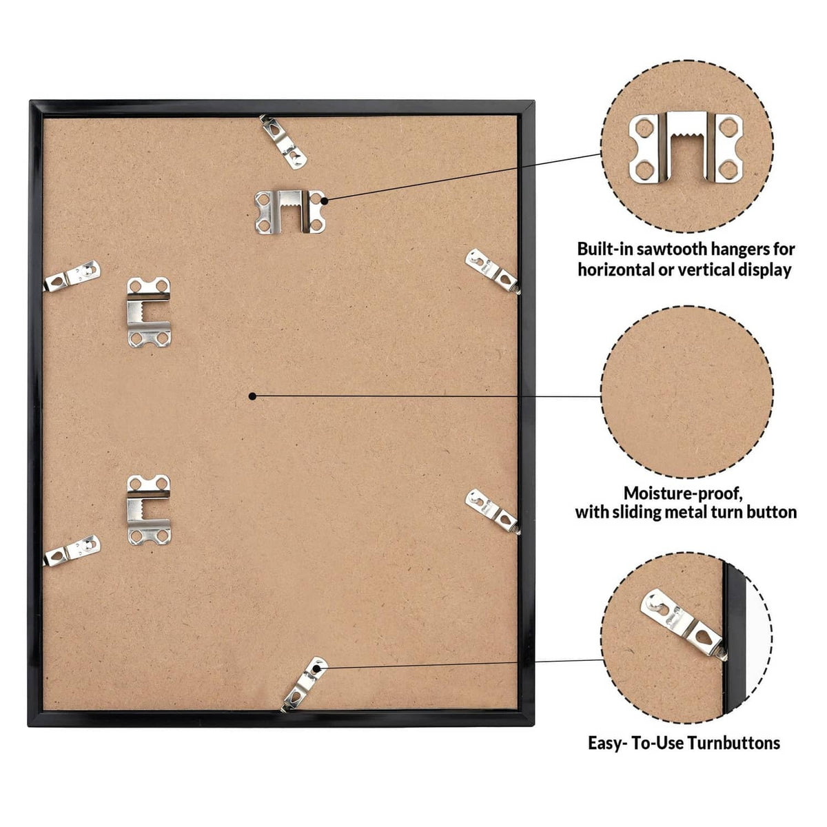 Black 14x22 frame back with built-in turn buttons and mounting hardware
