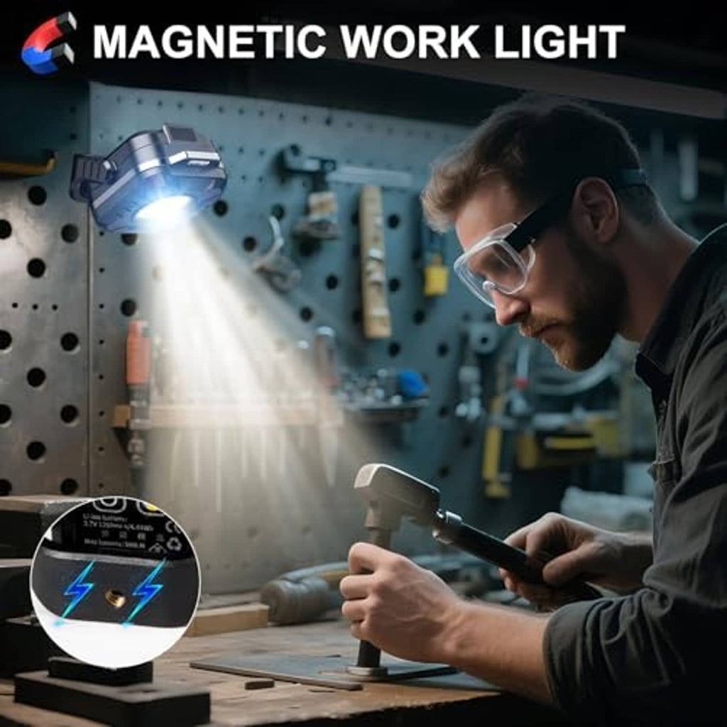 Magnetic work light head with bright LED shining upward for hands-free work lighting
