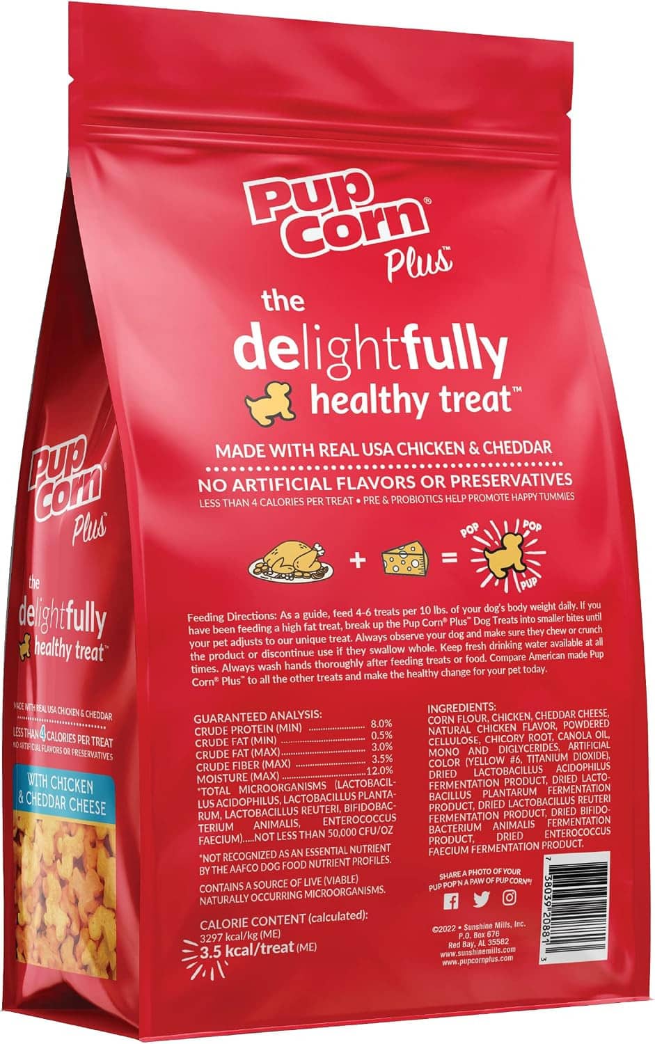 Pup Corn Plus dog treat bag, red with white logo and ingredient text