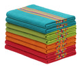 Stacked striped cotton kitchen towels, teal, green, orange, and red