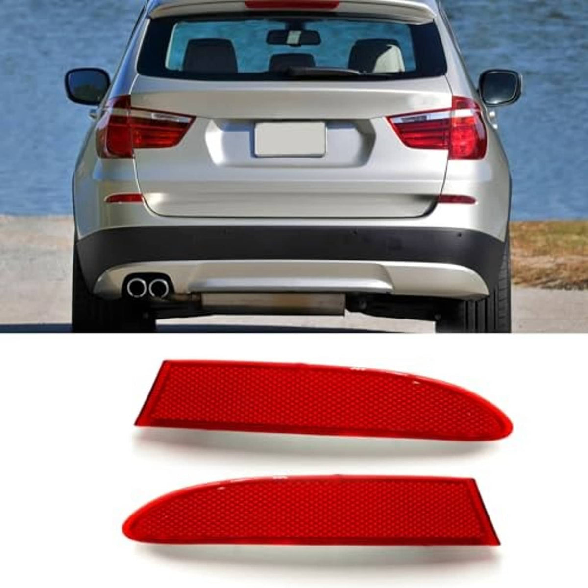 Red rear bumper reflector pair with textured lens, shown on the vehicle and separately