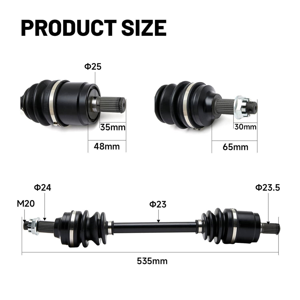 Rear CV axle drive shaft size diagram with length and diameter measurements