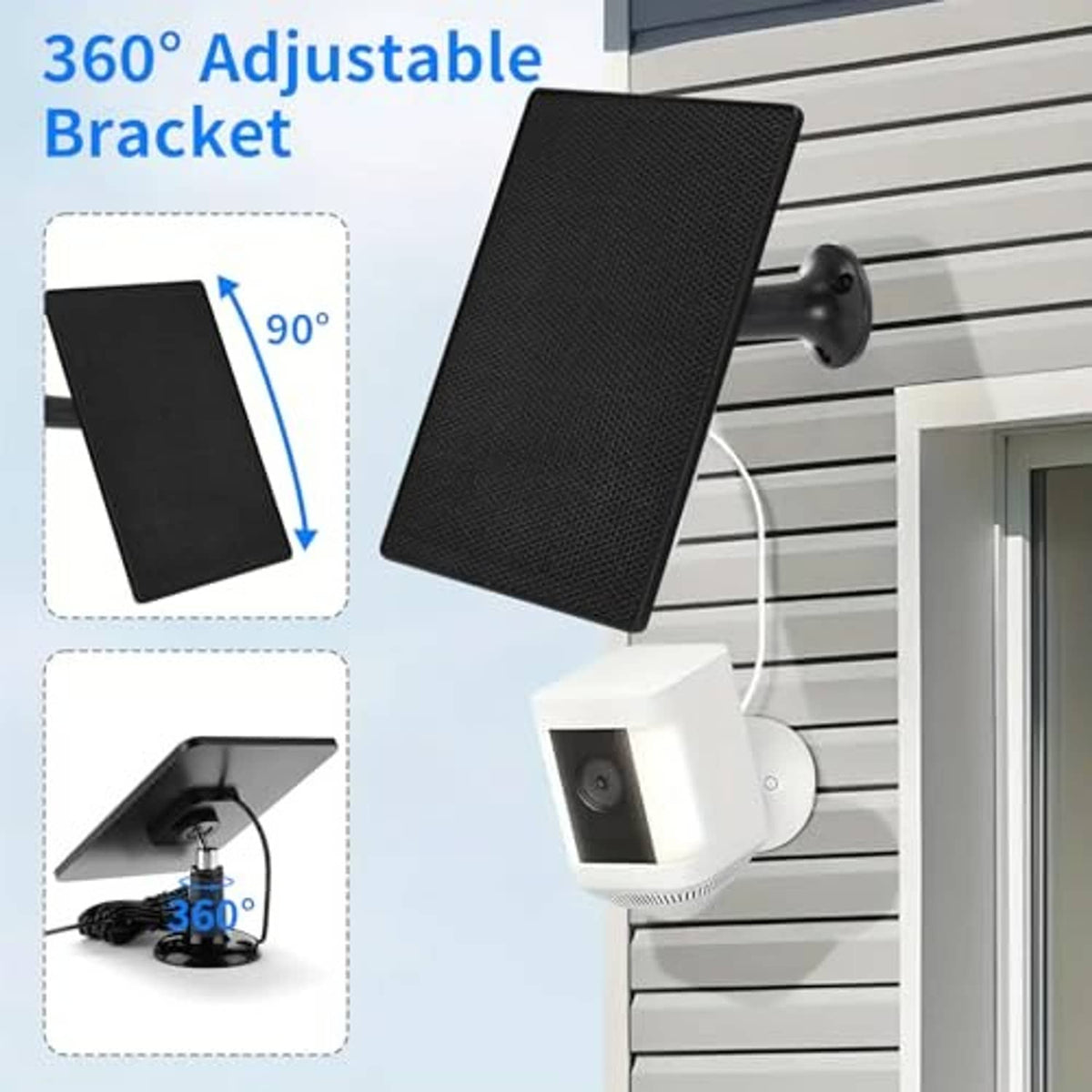 Black solar panel with adjustable mounting arm for wall or corner setup
