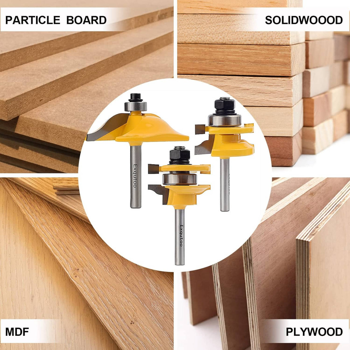 Router bit set for cabinet door panels shown on different wood surfaces