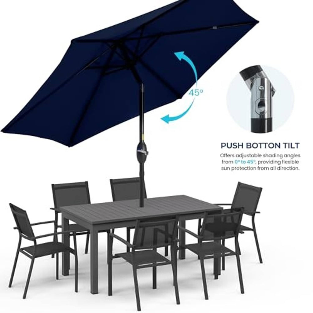 Navy blue patio umbrella over outdoor dining set with push-button tilt pole