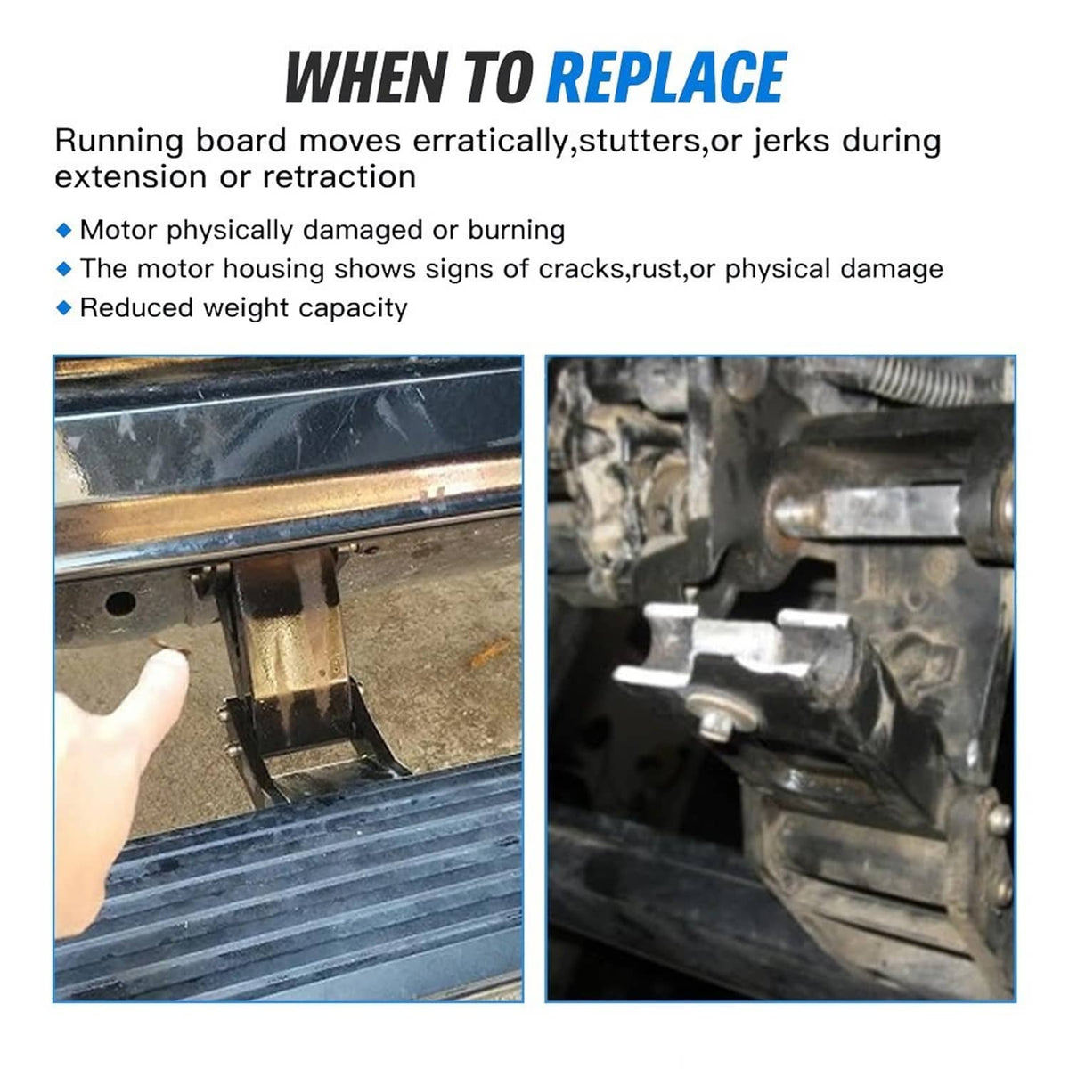 Running board motor replacement parts with mounting bracket and actuator hardware