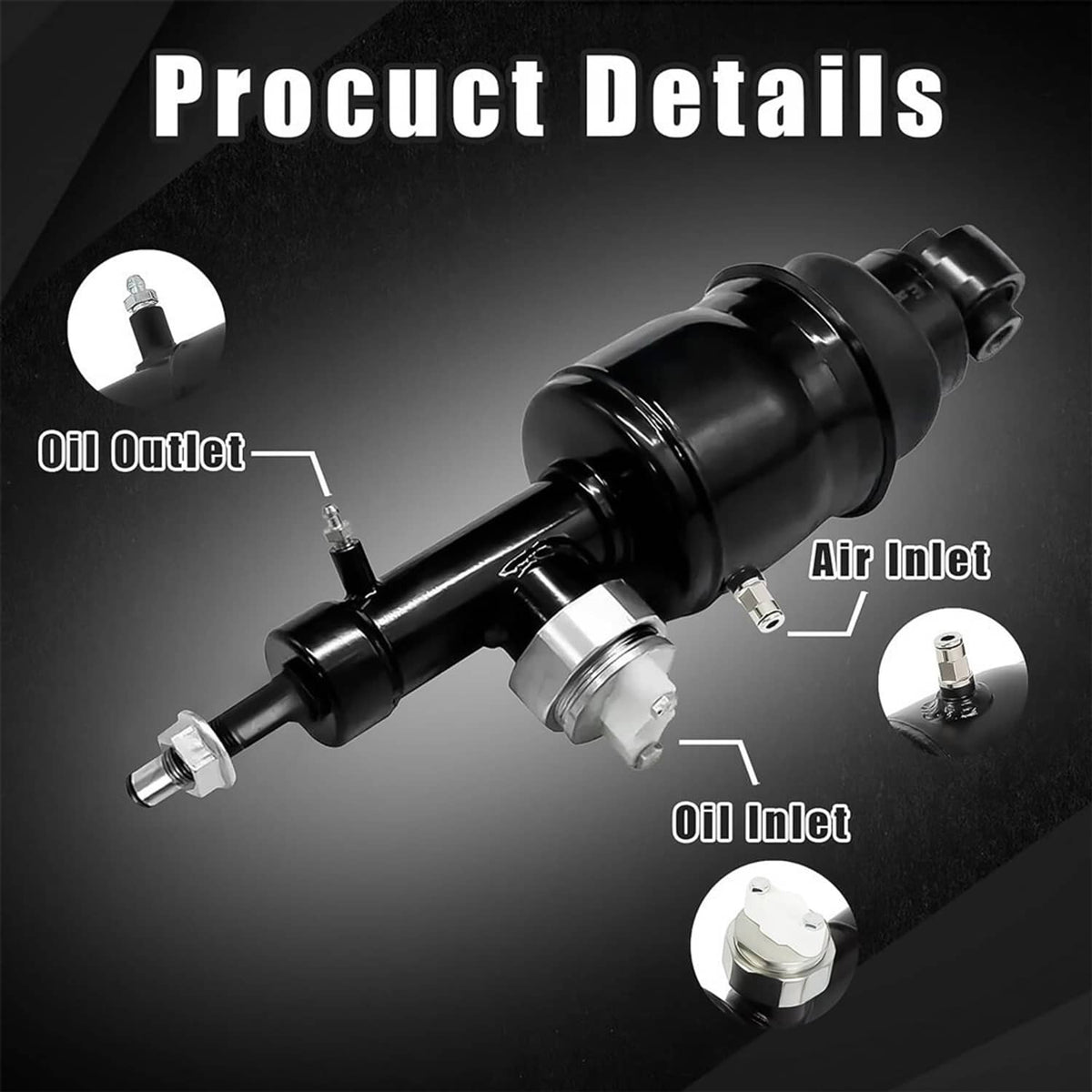 Hydraulic air shock absorber product details, black body with air and oil inlet ports