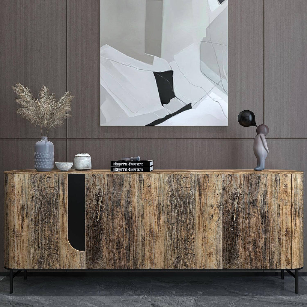 Brown wood-grain wallpaper on built-in cabinet wall with vertical streaked wood texture