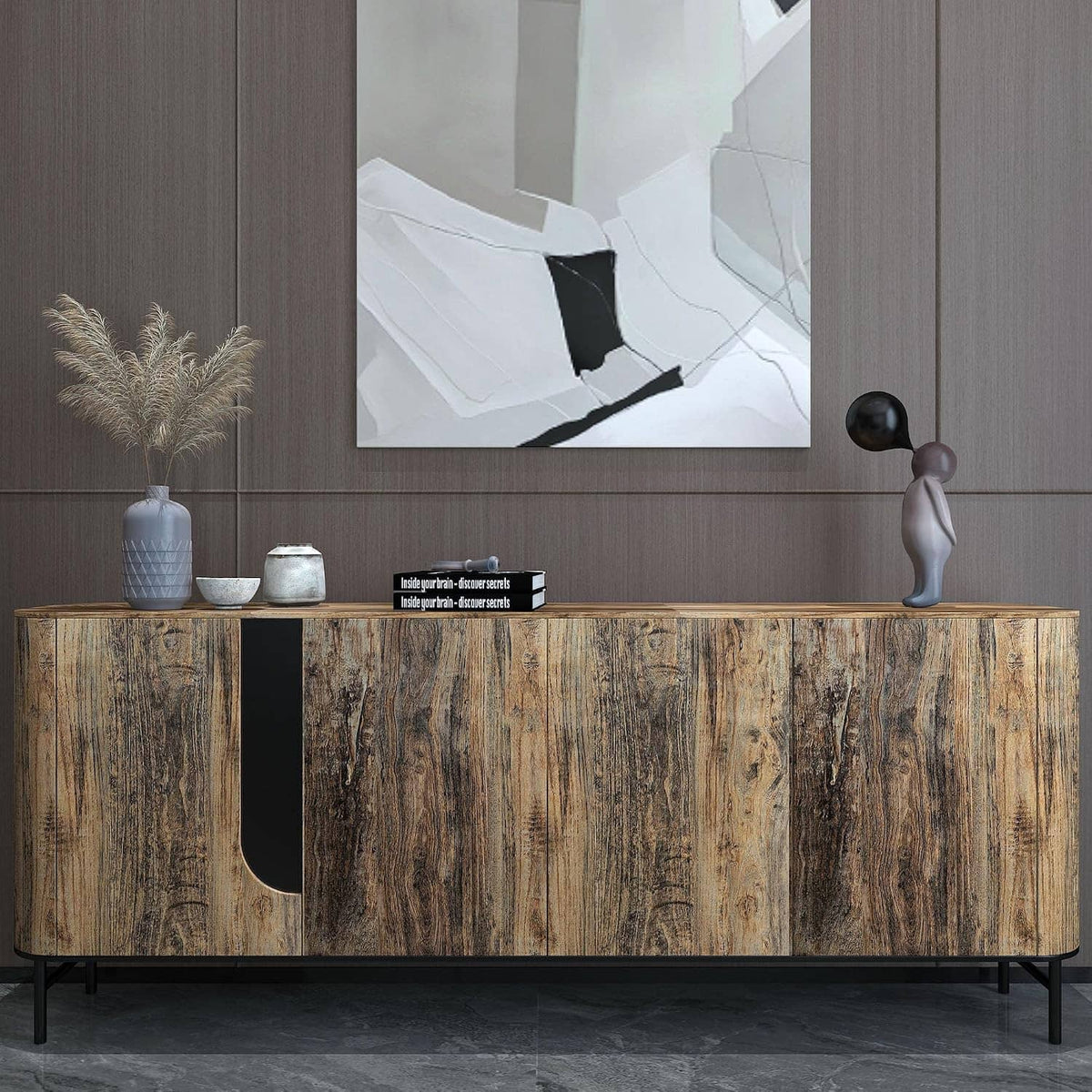 Brown wood-grain wallpaper on built-in cabinet wall with vertical streaked wood texture