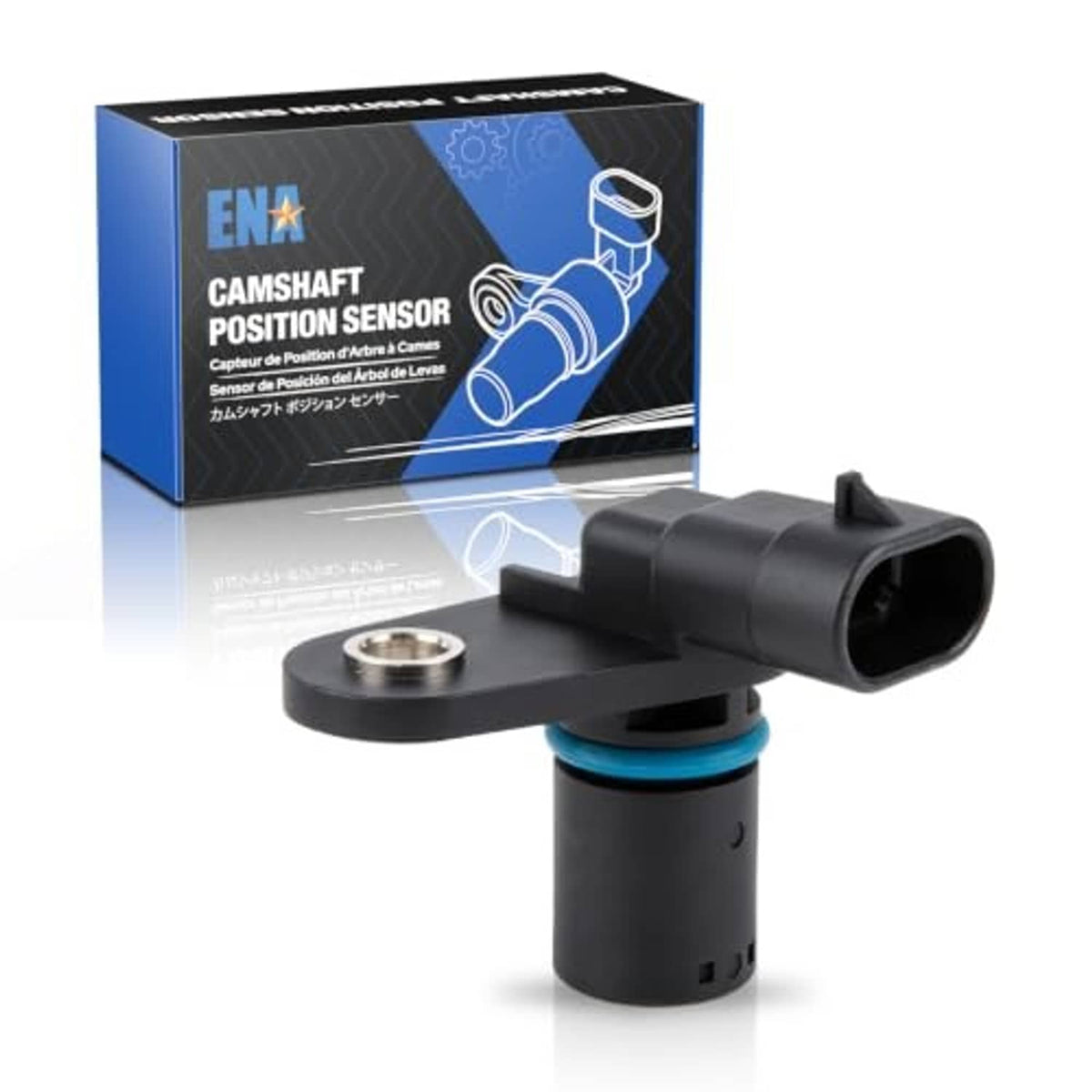 Camshaft position sensor with black housing, blue O-ring, and oval 3-pin electrical connector