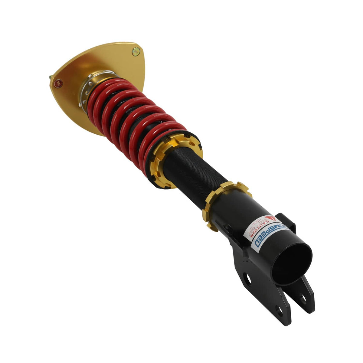 Coilover strut with red spring, black shock housing, and gold adjustment collar and mounting bracket