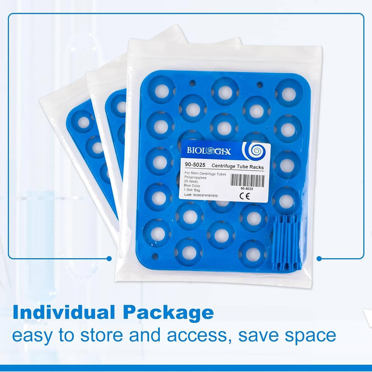 Packaged blue centrifuge tube rack with circular 25-well layout and foam insert