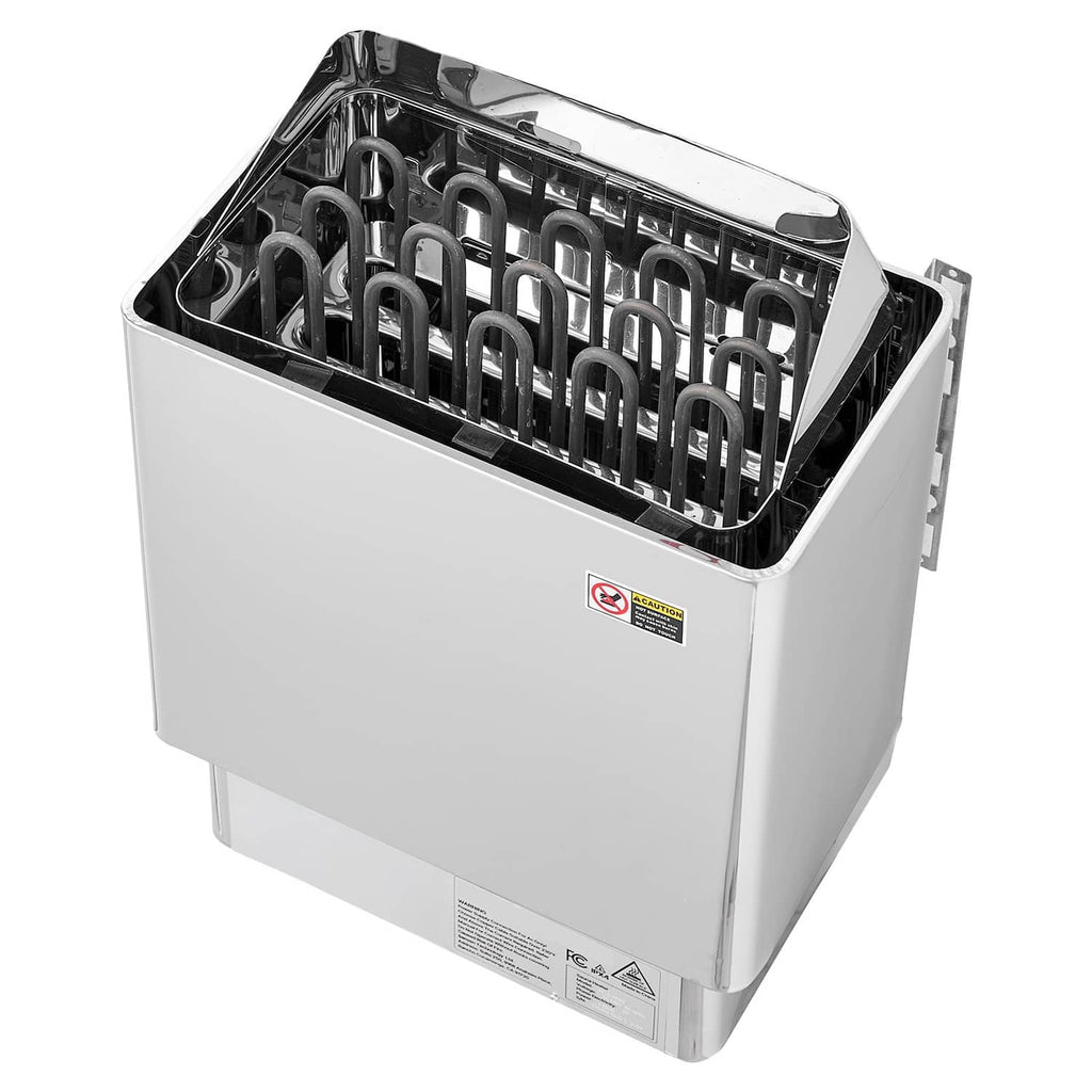 Electric sauna heater with open top metal protective grill and white casing