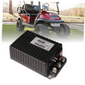 Black 48V motor controller module with metal terminals and cooling fins, angled view