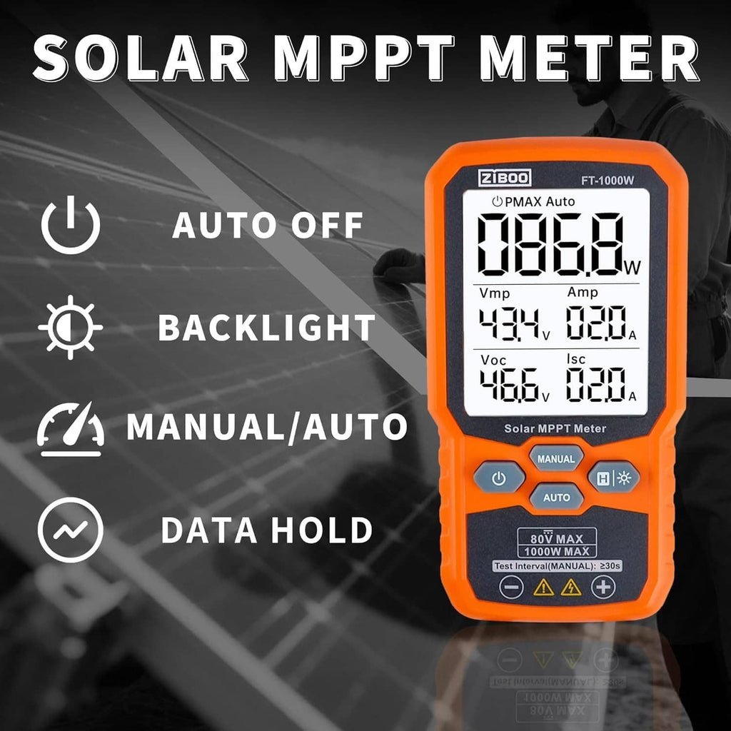 Orange solar MPPT meter tester with large LCD screen and visible control buttons.