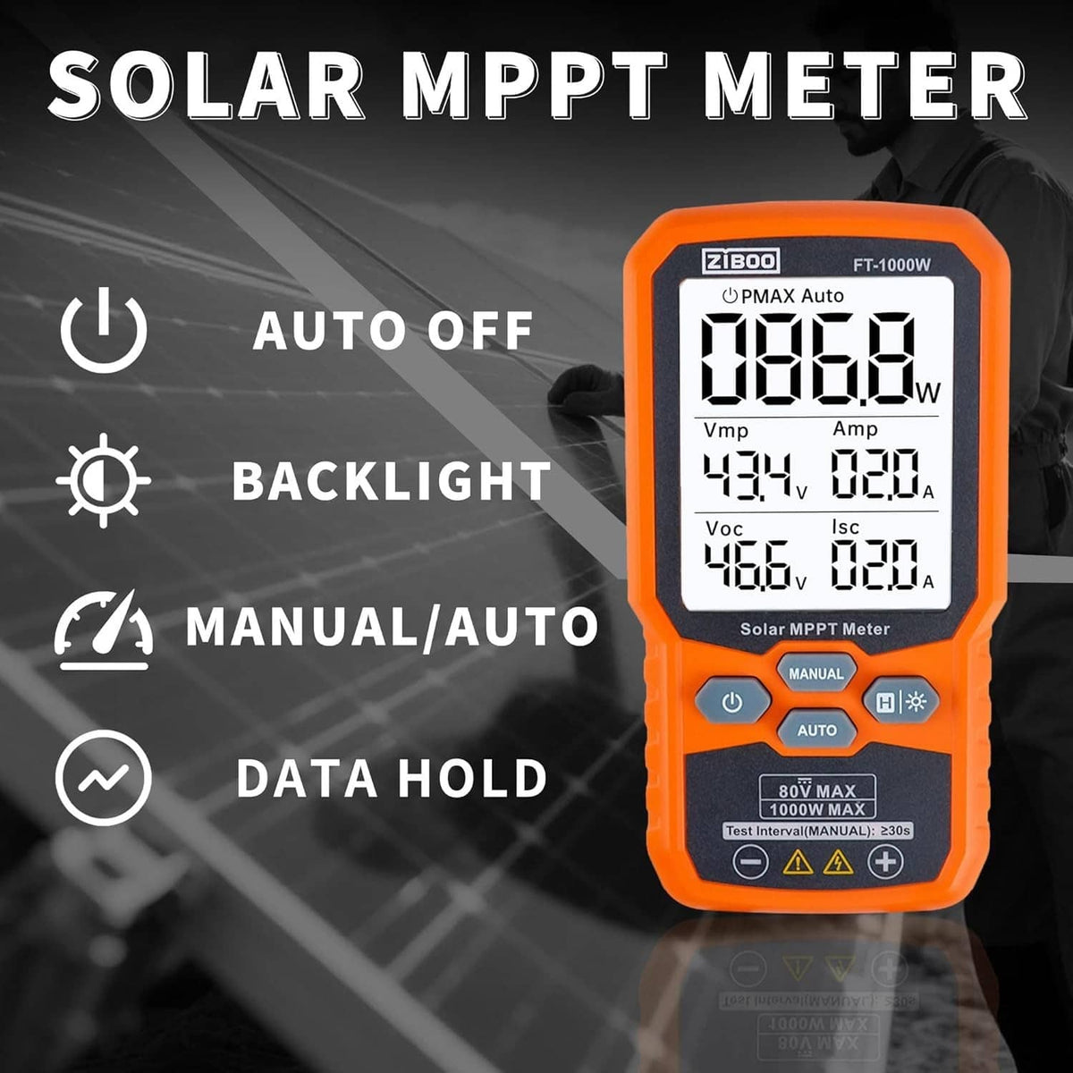 Orange solar MPPT meter tester with large LCD screen and visible control buttons.