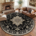 Round black area rug with ornate light medallion pattern and border, 8 ft size