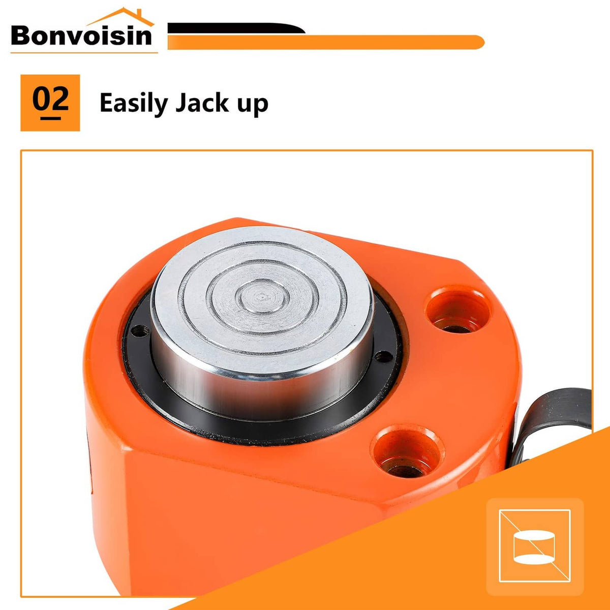 Hydraulic ram cylinder jack with steel piston head and black base ring on orange body