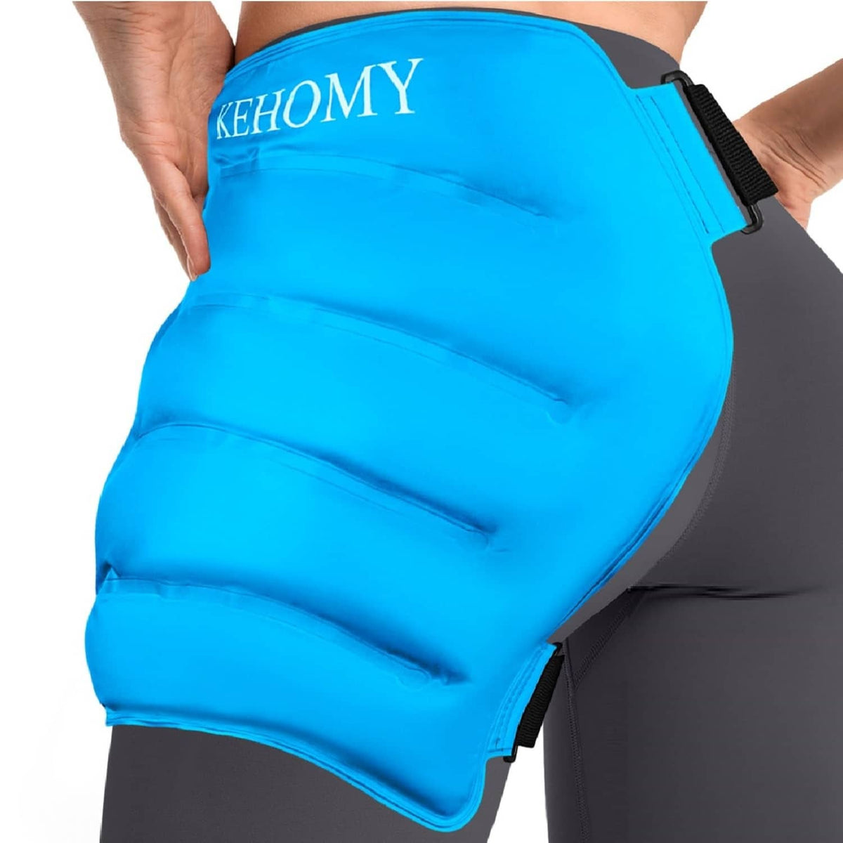 Blue gel hip ice pack wrap with black adjustable strap and curved gel pad