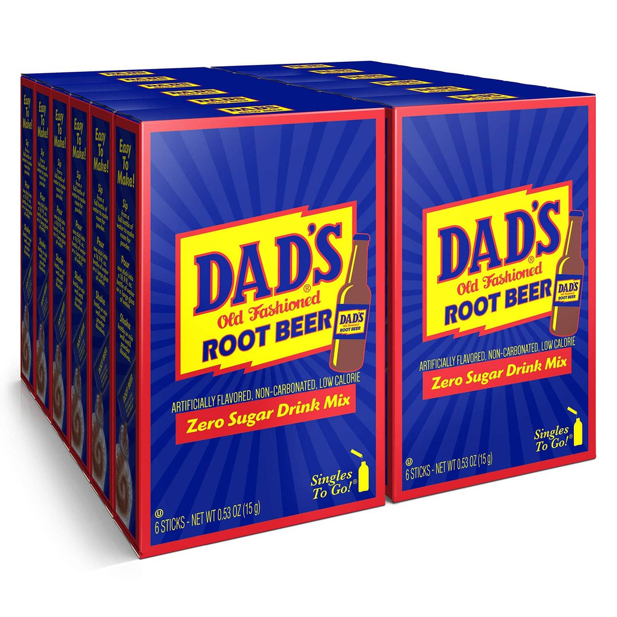 Dad's Old Fashioned Root Beer zero sugar drink mix boxes, singles to go