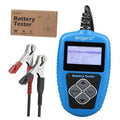 Blue handheld 12V battery tester with clamp leads and small LCD screen