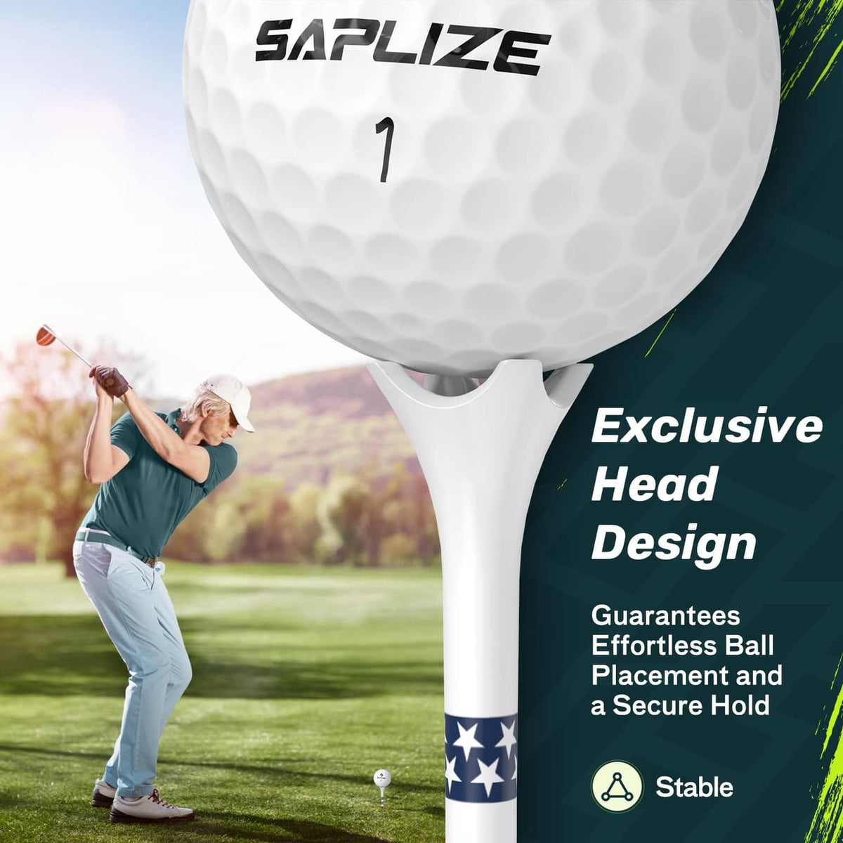 White golf tee with textured head and star-and-stripe band, beside a golf ball