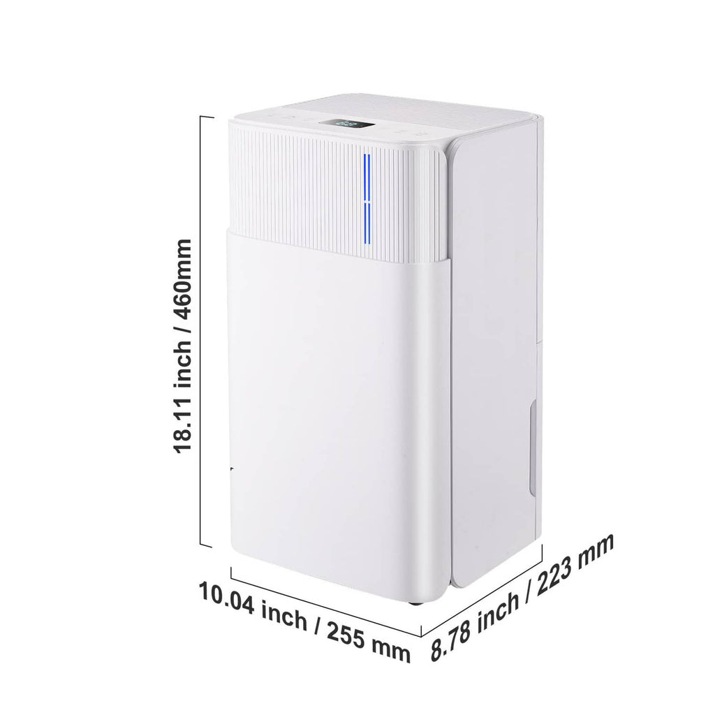 White dehumidifier side profile with top control panel and dimension lines