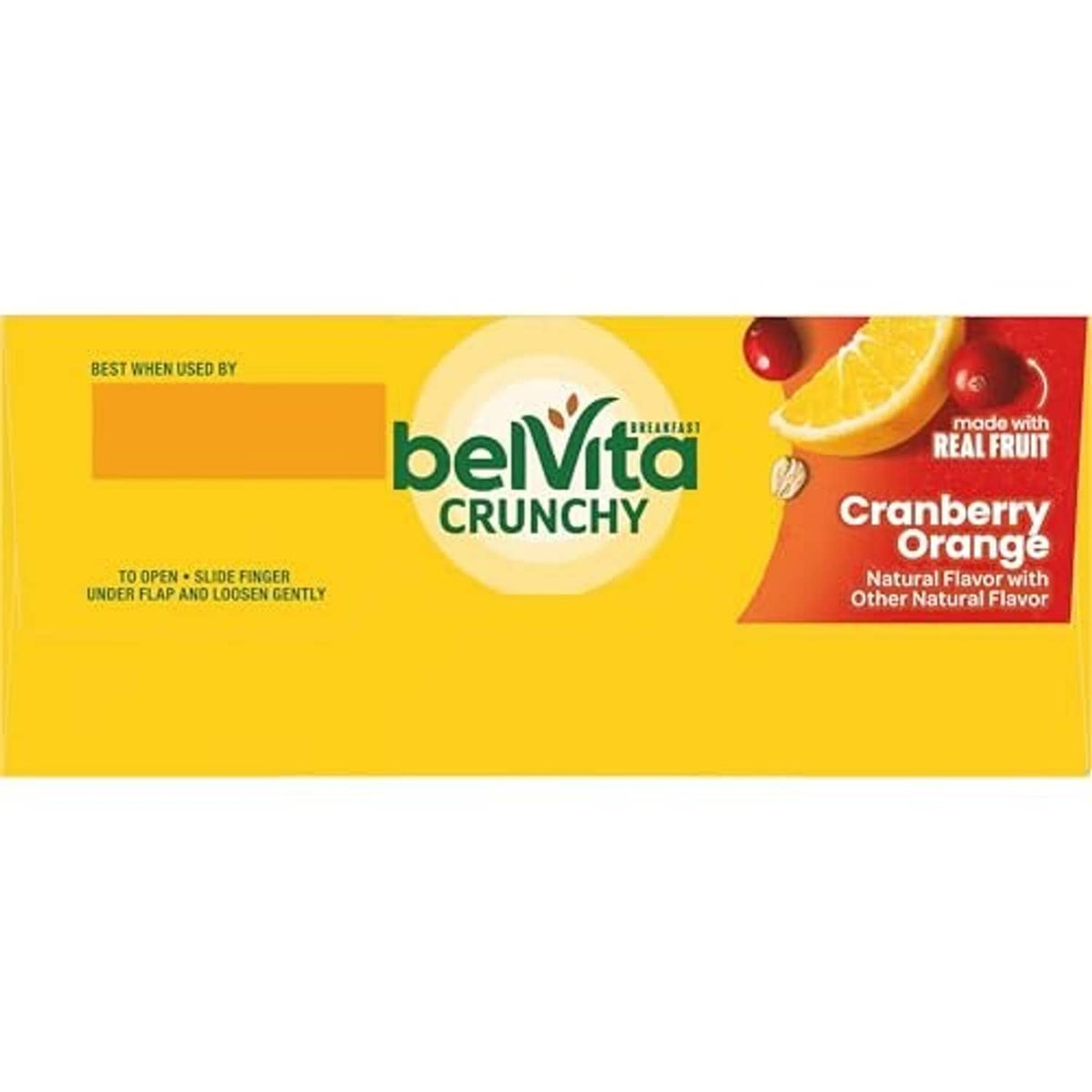 BelVita Crunchy package end flap with Cranberry Orange branding and fruit icons
