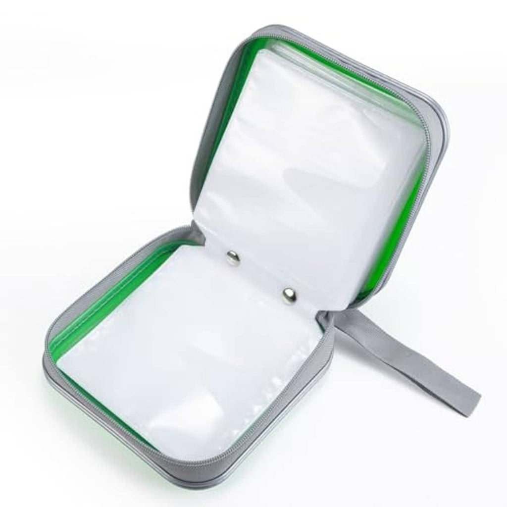 Green hard plastic DVD/CD case opened flat, white interior pocket and gray strap