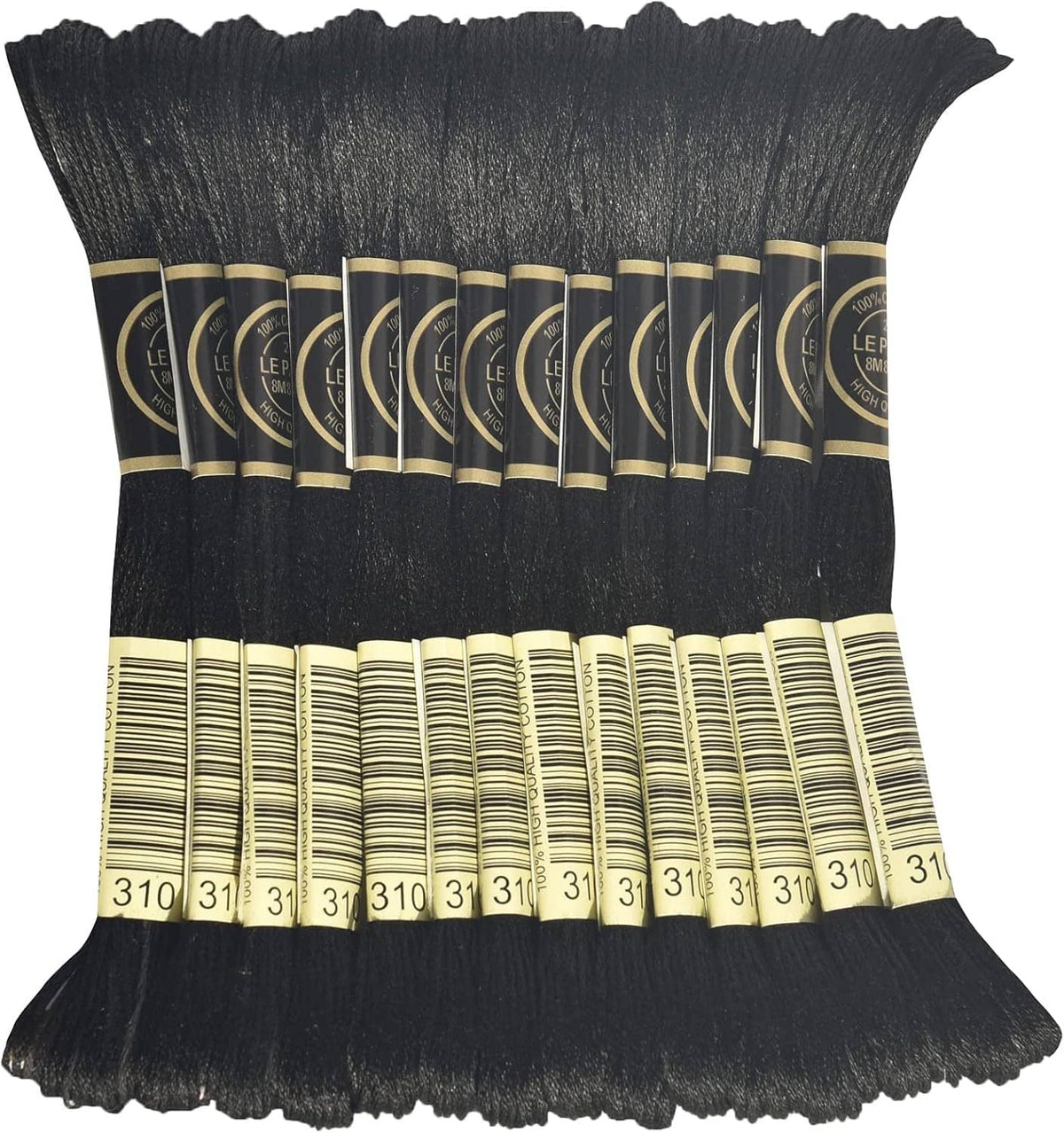 Embroidery floss skeins, black and light cream threads, gold-striped bands and code 310