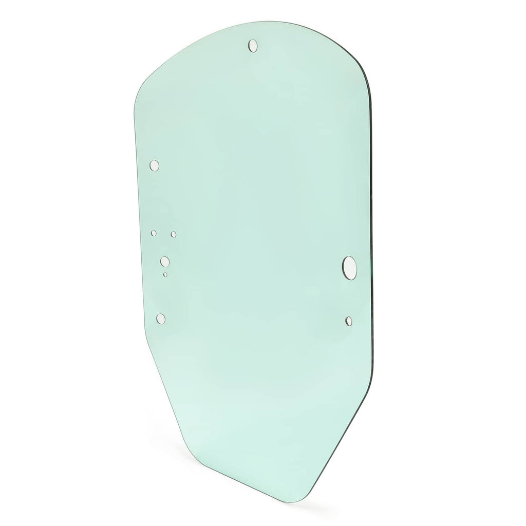 Skid steer cab door glass panel, light green tinted, rounded top with mounting holes