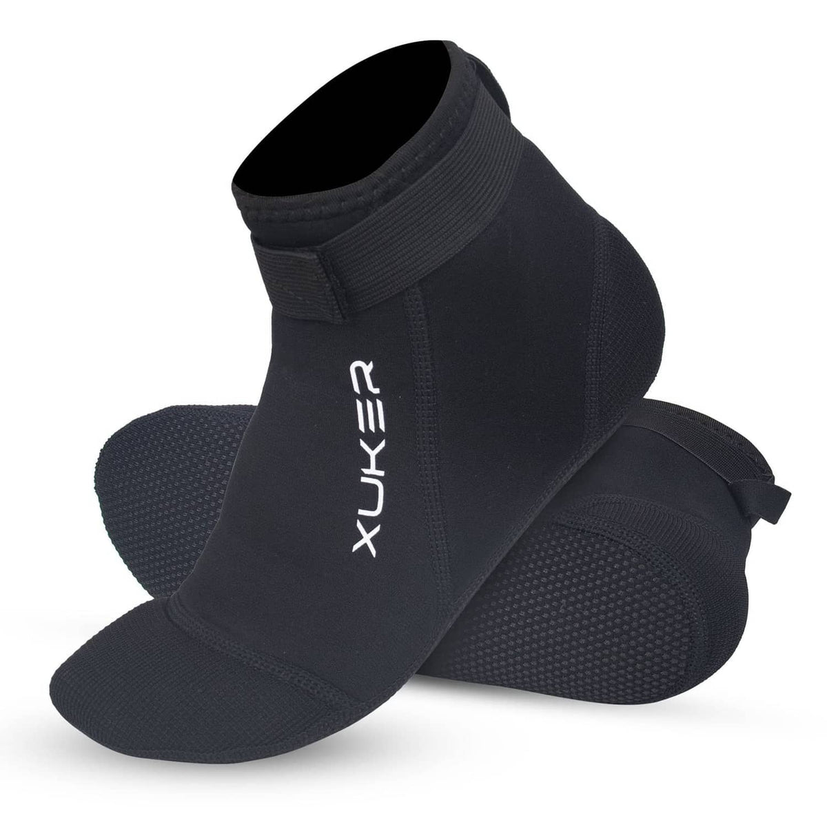Black ankle-high neoprene water socks, XUKER logo, textured sole