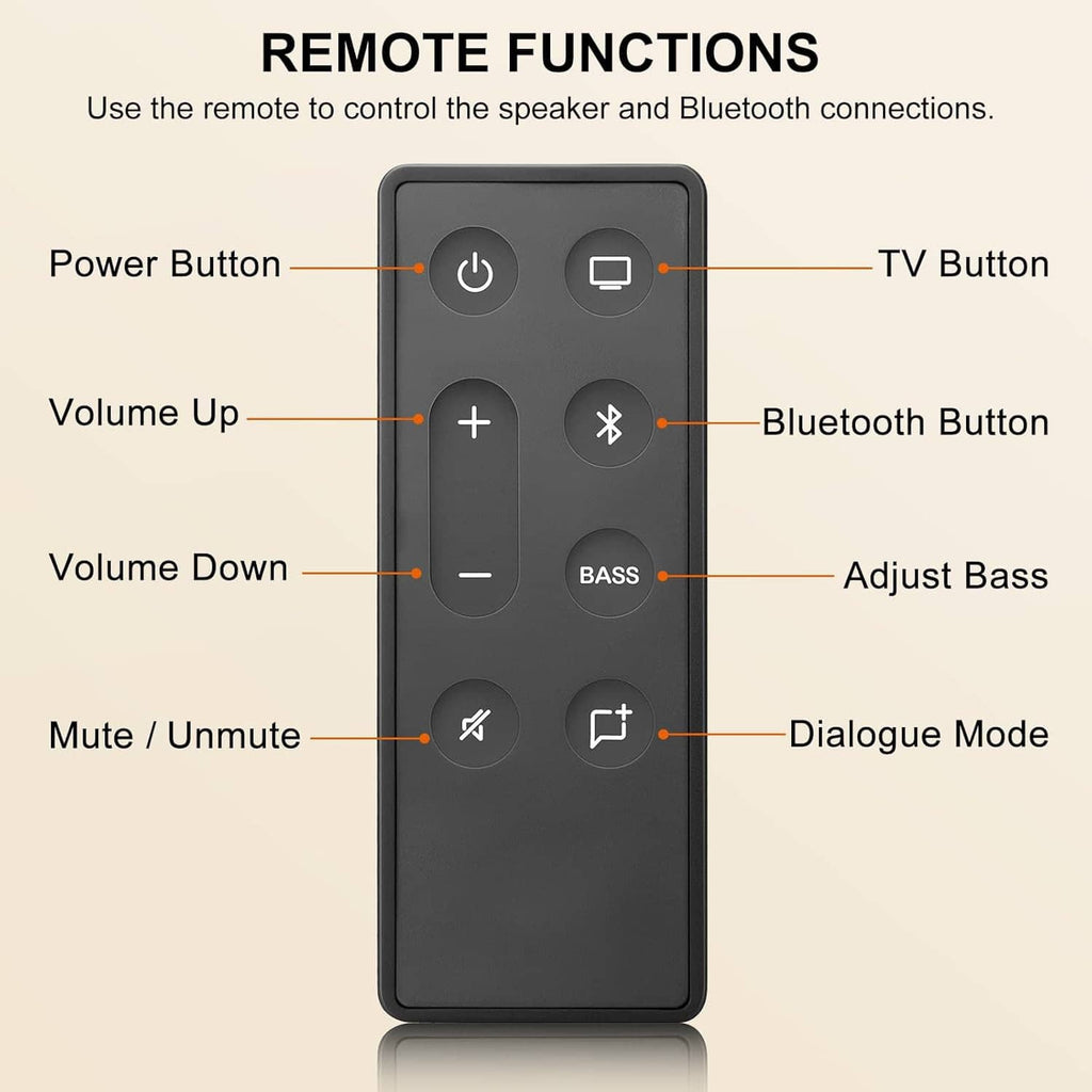 Black remote control with labeled buttons for TV, Bluetooth, volume, mute, and bass
