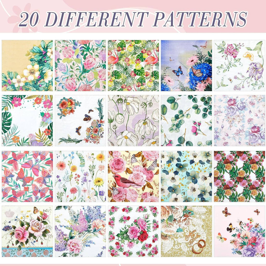 Set of 20 floral paper napkins, varied rose, leaf, butterfly, and botanical prints